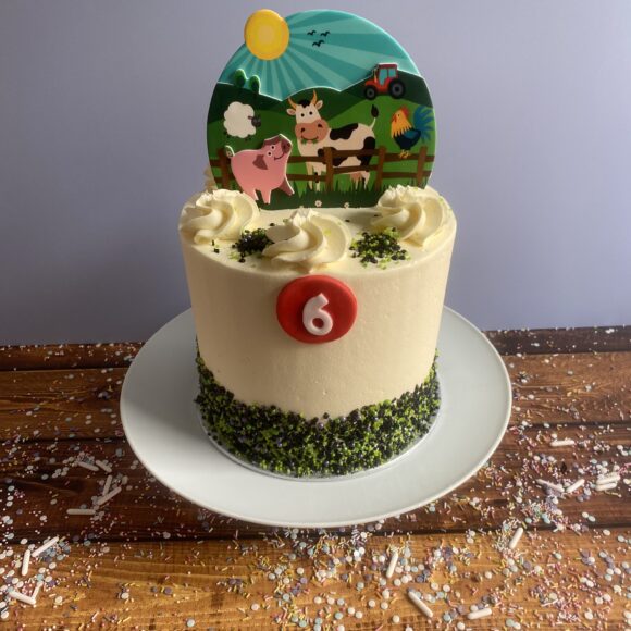 Tall Buttercream Farm Cake for Kids with Sprinkles and Farm Cake Topper