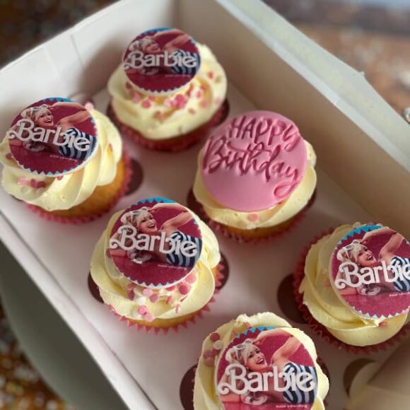 Box of Barbie Movie Themed Buttercream Cupcakes
