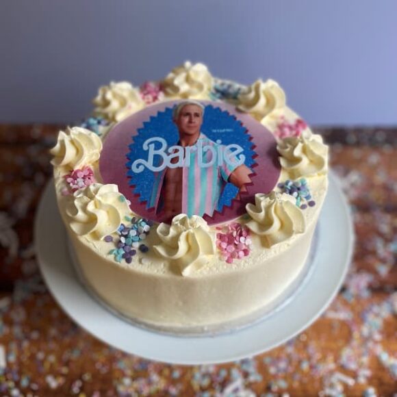 Buttercream Cake with Barbie Movie Ken Logo Featuring Ryan Gosling
